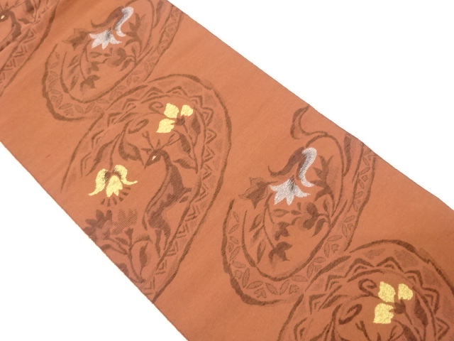 アンティーク　鹿に草花模様織り出し名古屋帯（着用可）